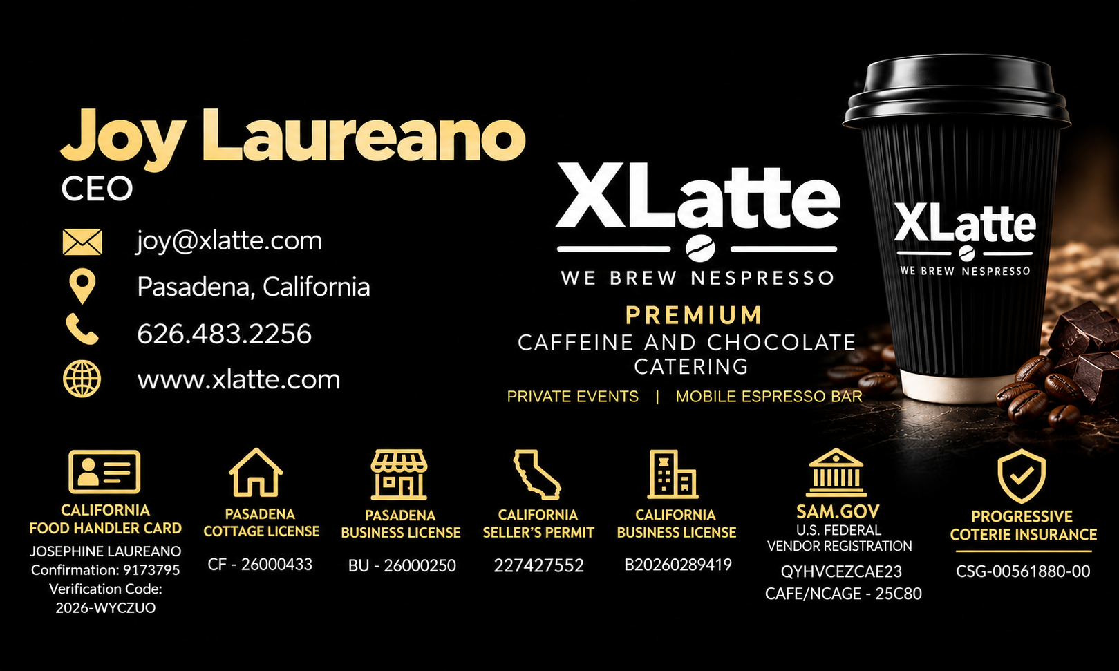 XLatte business card — Joy Laureano, CEO. joy@xlatte.com, Pasadena California, 626.483.2256, www.xlatte.com
