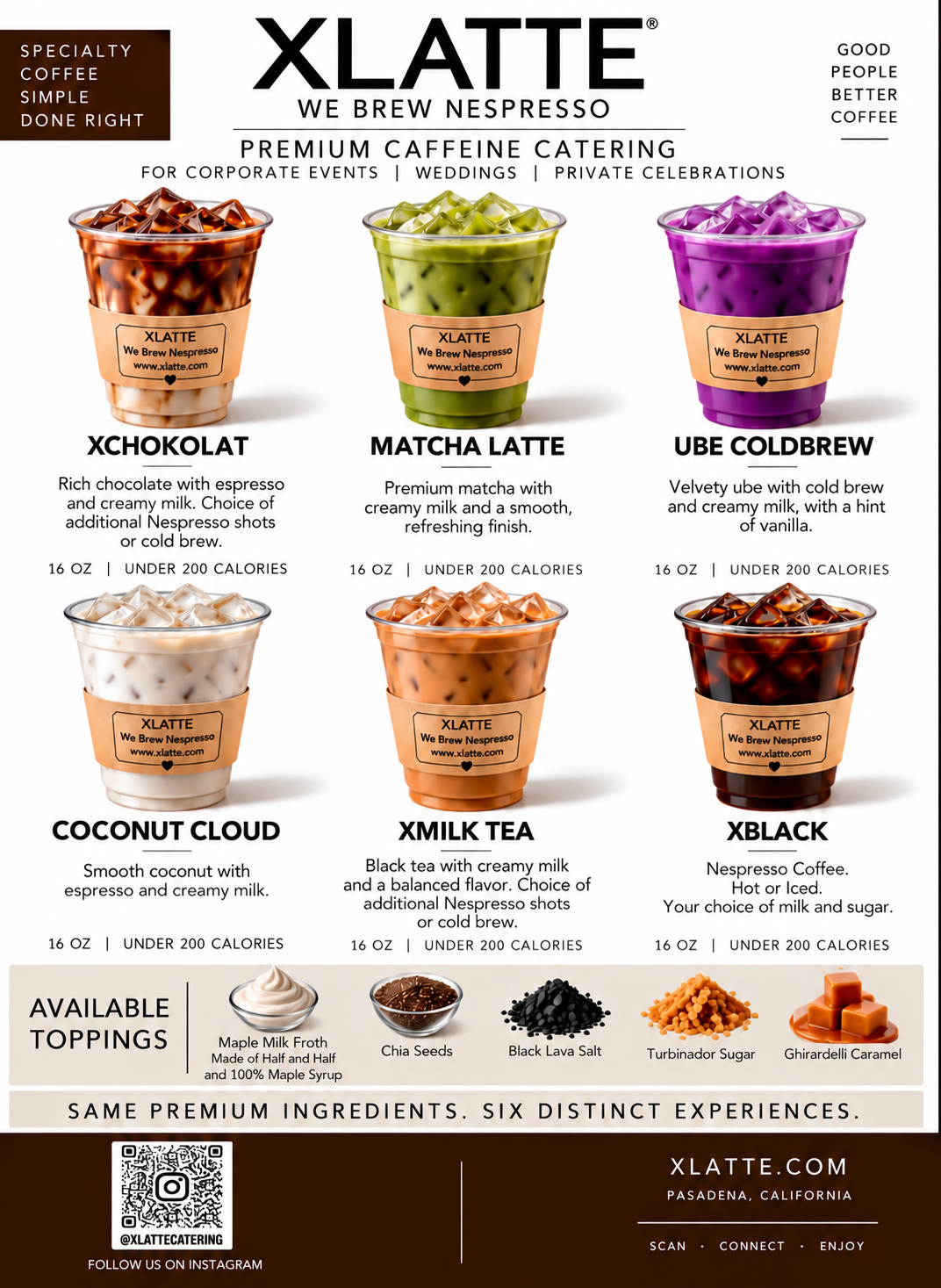 XLatte full drink menu — XChokolat, Matcha Latte, Ube Coldbrew, Coconut Cloud, XMilk Tea, XBlack — 16 oz, under 200 calories each